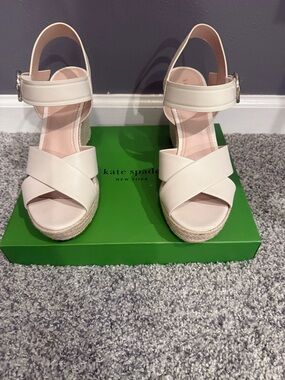 kate spade Cream Leather Cross-Strap Espadrille Wedges